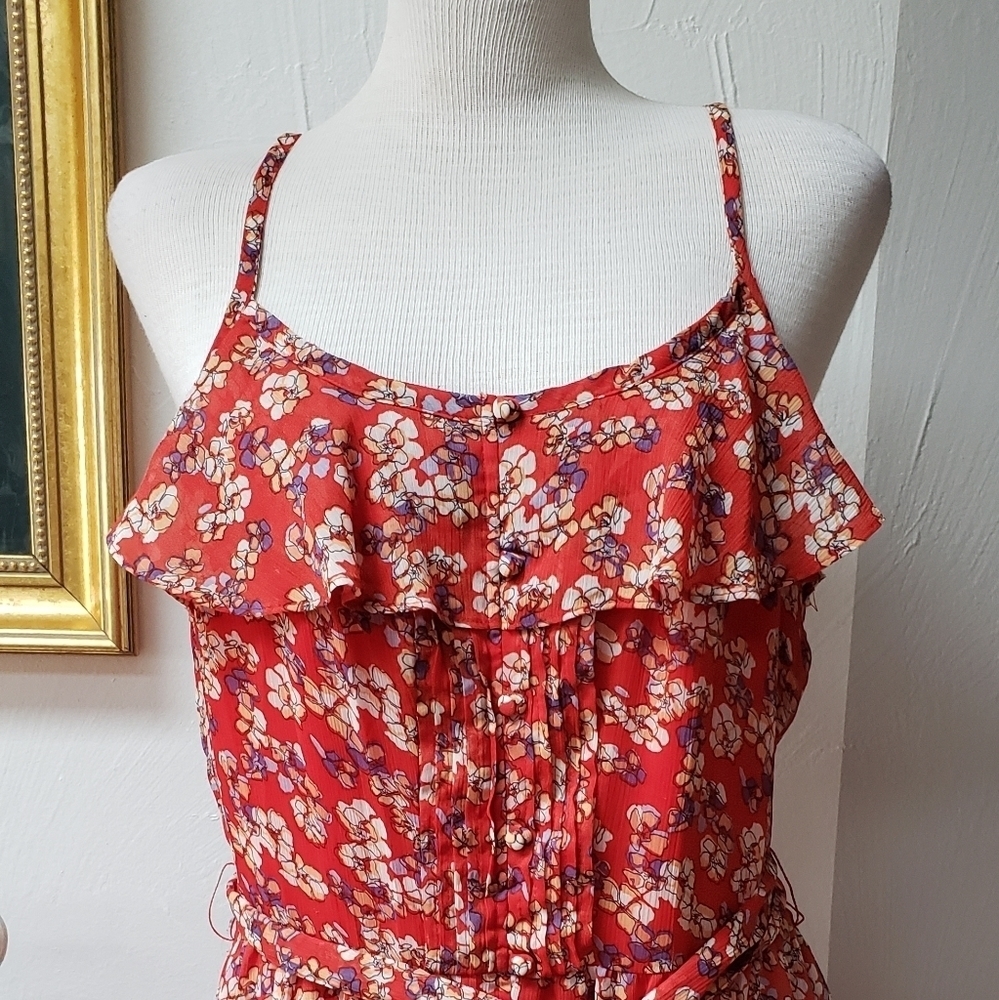 Elle Orange Floral Ruffle Fully Lined Round Neck Women's Dress Size 12 NWT - Picture 2 of 4